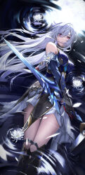 Rule 34 | 1girl, absurdres, bakemonsou, bare shoulders, black gloves, blue dress, blue sleeves, breasts, chinese clothes, closed mouth, detached sleeves, dress, earrings, flower, gloves, hair between eyes, highres, holding, holding sword, holding weapon, honkai: star rail, honkai (series), jewelry, jian (weapon), jingliu (honkai: star rail), long hair, looking at viewer, medium breasts, red eyes, solo, sword, weapon, white hair