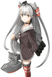 Rule 34 | 1girl, amatsukaze (kancolle), brown dress, brown eyes, choker, clenched hand, collarbone, dress, hair tubes, hand on own hip, hat, highres, kanata (chack fastener), kantai collection, long hair, looking at viewer, mini hat, red thighhighs, rensouhou-kun, sailor dress, short dress, silver hair, simple background, striped clothes, striped thighhighs, thighhighs, torpedo, torpedo launcher, very long hair