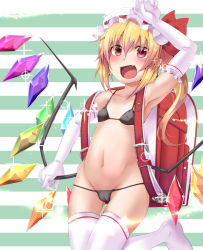 Rule 34 | 1girl, arm on own head, asymmetrical wings, backpack, bag, bikini, black bikini, blonde hair, covered erect nipples, elbow gloves, eyes visible through hair, fang, flandre scarlet, flat chest, gloves, groin, hat, looking at viewer, micro bikini, mob cap, open mouth, rando seru, randoseru, red eyes, short hair, side ponytail, solo, standing, standing on one leg, swimsuit, thighhighs, touhou, white gloves, white thighhighs, wings