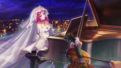 Rule 34 | 10s, 1girl, alternate costume, bare shoulders, blurry, bow, breasts, bride, brooch, city lights, cleavage, depth of field, detached sleeves, dress, flower, frills, gem, gloves, grand piano, hair flower, hair ornament, highres, holding, instrument, jewelry, long dress, looking at viewer, love live!, love live! school idol festival, love live! school idol project, music, necklace, night, night sky, nishikino maki, off-shoulder dress, off shoulder, out of frame, piano, pink hair, playing instrument, pov, purple eyes, purple lips, see-through, short hair, sitting, sky, solo focus, tiara, ushas, veil, violin, wedding dress, white bow, white dress, white flower, white gloves