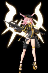 Rule 34 | 1girl, assault rifle, belt, beret, black gloves, black hat, black jacket, black leotard, breasts, bullpup, cleavage, fate/grand order, fate (series), full body, gloves, gun, hat, head wings, highleg, highleg leotard, highres, hildr (fate), hildr (swimsuit assassin) (fate), holster, hood, hooded jacket, jacket, large breasts, leotard, long sleeves, looking at viewer, official art, one eye closed, open clothes, open jacket, open mouth, p90, personal defense weapon, pink hair, red eyes, rifle, short hair, solo, submachine gun, suppressor, takeuchi takashi, thigh strap, thighs, valkyrie (fate), weapon, wings