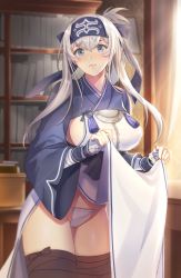 Rule 34 | 1girl, ainu clothes, bandages, black thighhighs, blue eyes, blue headband, blue jacket, blush, book, bookshelf, breasts, closed mouth, clothes lift, cowboy shot, cropped jacket, dress, dress lift, embarrassed, folded ponytail, frown, fundoshi, headband, highres, indoors, jacket, japanese clothes, kamoi (kancolle), kantai collection, large breasts, long hair, looking at viewer, panties, pantsu majirou, sidelocks, silver hair, solo, standing, thick eyebrows, thighhighs, underwear, upper body, white dress, white panties, wide sleeves, window