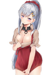Rule 34 | 1girl, absurdres, apron, azur lane, beige shirt, belfast (azur lane), belfast (piping-hot perfection) (azur lane), braid, breasts, broken, broken chain, chain, cleavage, french braid, hair ornament, hair scrunchie, highres, large breasts, long hair, low neckline, mogu pachi, ponytail, pulled by self, purple eyes, red apron, red scrunchie, scrunchie, short sleeves, silver hair, simple background, solo, very long hair, waitress, white background