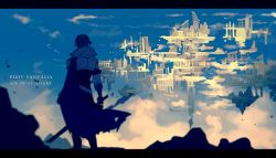 Rule 34 | 1boy, bird, cape, cloud, copyright name, facing away, floating island, from behind, gloves, letterboxed, male focus, pixiv fantasia, pixiv fantasia age of starlight, scenery, shuai, sky, standing