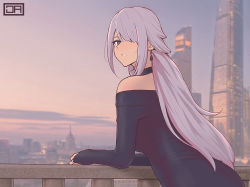 Rule 34 | 1girl, against railing, ak-15 (girls&#039; frontline), bare shoulders, black choker, blurry, blurry background, building, choker, day, depth of field, dress, earrings, from behind, girls&#039; frontline, hair over one eye, j adsen, jewelry, light blush, long hair, long sleeves, looking at viewer, looking back, moscow, one eye covered, outdoors, parted lips, photo background, ponytail, purple eyes, purple hair, railing, skyscraper, solo, strapless, strapless dress