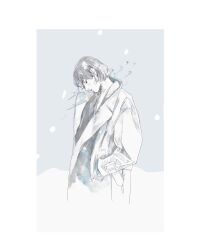 Rule 34 | 1boy, aofuji sui, blue theme, border, closed eyes, closed mouth, coat, facing down, grey background, hand in pocket, highres, japanese clothes, long sleeves, male focus, monochrome, original, short hair, simple background, solo, white border