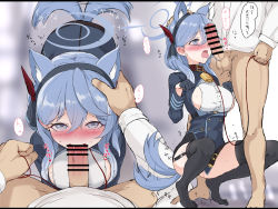 Rule 34 | 1boy, 1girl, ako (blue archive), animal ears, bar censor, bell, black gloves, blue archive, blue eyes, blue hair, blush, breasts, censored, dog ears, dog tail, earrings, erection, fellatio, gloves, gulp5959, hair between eyes, hair ribbon, hairband, halo, hand on another&#039;s head, hetero, highres, jewelry, kemonomimi mode, large breasts, large penis, licking, licking penis, long hair, long sleeves, looking at viewer, neck bell, oral, penis, penis awe, penis on face, pointless censoring, ribbon, sensei (blue archive), squatting, tail, tail wagging, thighhighs, tongue, tongue out, translation request, veins, veiny penis