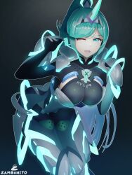 Rule 34 | 1girl, absurdres, breasts, green eyes, green hair, highres, large breasts, long hair, pneuma (xenoblade), ponytail, solo, very long hair, xenoblade chronicles (series), xenoblade chronicles 2, zambonito