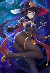 Rule 34 | 1girl, aqua eyes, ass, black pantyhose, bodysuit, bodysuit under clothes, breasts, cape, from behind, from below, genshin impact, gloves, hair ornament, half-closed eyes, hat, highres, kiz mk, leotard, long hair, looking at viewer, medium breasts, mona (genshin impact), pantyhose, purple hair, shiny clothes, sky, solo, star (sky), starry sky, thigh strap, thighlet, thighs, twintails, very long hair