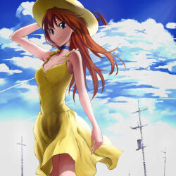 Rule 34 | 1girl, bare arms, bare legs, bare shoulders, blue eyes, blue sky, breasts, brown hair, cleavage, cloud, cloudy sky, day, dress, hat, long hair, looking at viewer, medium breasts, neon genesis evangelion, oota takeshi, simple background, sky, smile, solo, souryuu asuka langley, standing, sun hat, sundress, sunlight, yellow dress
