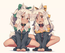 Rule 34 | 2girls, animal ears, black collar, bow, collar, commentary request, dark-skinned female, dark skin, full body, hair bow, kuromiya, long hair, looking at viewer, multiple girls, open mouth, original, red eyes, simple background, sitting, smile, squatting, white hair, yellow background, yellow bow