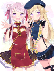 Rule 34 | 2girls, :d, bad id, bad pixiv id, bare arms, bare shoulders, belt, beret, black gloves, blonde hair, blue headwear, blue nails, blue shirt, blue shorts, bracelet, breasts, buttons, closed mouth, cowboy shot, crop top, double-breasted, double bun, dress, fangs, fingerless gloves, gloves, gold trim, hair bun, hair flaps, hair ribbon, hands up, hat, highres, himehina channel, jewelry, lolita fashion, long hair, looking at viewer, midriff, multiple girls, nail polish, navel, open mouth, pink hair, pleated dress, purple eyes, qi lolita, red dress, ribbon, sasahara wakaba, shirt, short shorts, short sleeves, shorts, simple background, sleeveless, sleeveless shirt, small breasts, smile, standing, stomach, suspenders, suzuki hina, tanaka hime, thigh strap, thighs, virtual youtuber, white background, wristband, yellow ribbon
