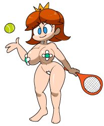 Rule 34 | 1girl, areola slip, ball, barefoot, blue eyes, breasts, brown hair, closed mouth, completely nude, crown, female focus, full body, groin, hand up, happy, holding, holding racket, jaggy lines, large breasts, maebari, mario (series), mario tennis, mini crown, navel, nintendo, nude, parted bangs, pasties, princess daisy, racket, shiny skin, short hair, simple background, smile, solo, standing, tennis ball, tennis racket, v-shaped eyebrows, vilepluff, white background, wide hips, yellow headwear