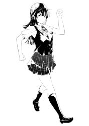 Rule 34 | 1girl, absurdres, clenched hands, closed mouth, collared shirt, commentary request, full body, greyscale, hand up, highres, kneehighs, loafers, long hair, looking at viewer, love live!, love live! nijigasaki high school idol club, monochrome, neck ribbon, nijigasaki academy school uniform, one side up, plaid, plaid skirt, pleated skirt, ribbon, school uniform, shirt, shoes, short sleeves, skirt, smile, socks, solo, summer uniform, tommer, vest, walking, white background, yuki setsuna (love live!)