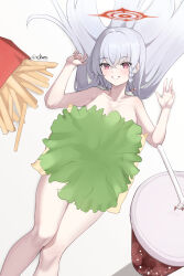 1girl absurdres artist_name bare_shoulders blue_archive braid breasts check_commentary cheese cleavage closed_mouth commentary_request cowboy_shot cup disposable_cup drinking_straw food food_on_body french_fries grin halo haruna_(blue_archive) highres kurochomo large_breasts lettuce long_hair looking_at_viewer lying on_back oversized_food oversized_object red_eyes red_halo sideboob simple_background single_braid sliced_cheese smile solo teeth twitter_username white_background