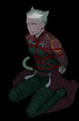 Rule 34 | 1boy, absurdres, animal ears, archer (fate), arms behind back, baragi, black background, black pants, black shirt, blood, blood from mouth, cat ears, cat tail, cropped jacket, extra ears, fate (series), fingernails, highres, jacket, kemonomimi mode, kneeling, male focus, pants, red jacket, red rope, rope, shibari, shirt, short hair, simple background, solo, tail, tassel, white hair