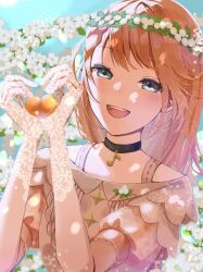 Rule 34 | 1girl, aqua background, black choker, braid, brown hair, choker, chromatic aberration, cross-laced clothes, doily, dot nose, dress, eighth note, floating hair, floral print, flower, gloves, grey eyes, half-closed eyes, hanasato minori, hands up, happy, head wreath, heart, heart hands, highres, lace, lace gloves, laughing, layered sleeves, leaf, lens flare, light, light blush, light particles, marutyun (logout), medium hair, motion blur, musical note, musical note pendant, open mouth, own hands together, project sekai, puffy short sleeves, puffy sleeves, rose print, short sleeves, sidelighting, simple background, solo, sunlight, swept bangs, teeth, upper body, upper teeth only, white dress, white flower, white gloves