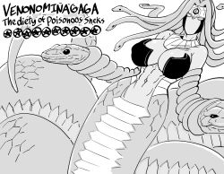 Rule 34 | 1girl, absurdres, bb (baalbuddy), breasts, english text, greyscale, headband, highres, lamia, large breasts, mask, monochrome, monster girl, navel, simple background, snake, snake hair, snake tail, solo, stomach, tail, vennominaga the deity of poisonous snakes, white background, yu-gi-oh!