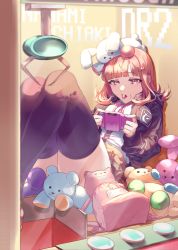 Rule 34 | 1girl, animal bag, bad id, bad twitter id, black shirt, black thighhighs, blunt bangs, breasts, brown eyes, brown hair, brown skirt, candy, cat bag, character name, commentary, copyright name, crane game, danganronpa (series), danganronpa 2: goodbye despair, dress shirt, emimimi (ronpapa 0128), feet out of frame, food, galaga, hair ornament, handheld game console, highres, holding, holding handheld game console, hood, hoodie, knees up, large breasts, lollipop, nanami chiaki, neck ribbon, pink eyes, pink ribbon, playing games, pleated skirt, ribbon, shirt, shirt tucked in, skindentation, skirt, solo, stuffed animal, stuffed rabbit, stuffed toy, symbol-only commentary, teddy bear, thighhighs, white shirt