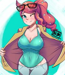 Rule 34 | 1girl, blue eyes, blush, breasts, cleavage, closed mouth, collarbone, covered erect nipples, covered navel, cowboy shot, creatures (company), denim, game freak, glasses on head, grey background, hair ornament, highres, jacket, jeans, medium breasts, nintendo, nudiedoodles, one eye closed, orange hair, pants, pokemon, pokemon swsh, side ponytail, smile, solo, sonia (pokemon), swept bangs, two-tone background, white background, wink