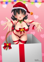 Rule 34 | 1girl, bells, black hair, blush, box, breasts, choker, christmas, christmas lights, christmas present, closed eyes, commission, commissioner upload, dragon ball, dragon ball (object), dragon ball gt, dragon ball heroes, dragon ball super, dragon ball xenoverse, dragonball z, gift, gift box, happy, hat, heart, highres, large breasts, long hair, mami (oc), messy hair, mistletoe, monkey tail, open mouth, original, outstretched arms, pink background, ribbon, ribbon choker, saiyan, santa hat, smile, tail, tail ornament, tail ribbon, zel-sama