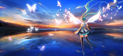 Rule 34 | 1girl, aqua hair, bad id, bad pixiv id, boots, bug, butterfly, d-zhai, detached sleeves, floating hair, hatsune miku, highres, insect, long hair, necktie, skirt, sky, solo, thigh boots, thighhighs, twintails, very long hair, vocaloid, wings
