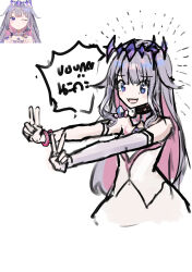 Rule 34 | 1girl, :d, absurdres, bare shoulders, blush stickers, double v, dress, grey hair, highres, hololive, hololive english, koseki bijou, koseki bijou (1st costume), long hair, multicolored hair, nakatokung, open mouth, outstretched arm, pink hair, purple eyes, simple background, sketch, smile, solo, strapless, strapless dress, translation request, two-tone hair, v, very long hair, virtual youtuber, white background, white dress