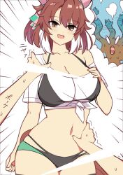 Rule 34 | 2girls, ahoge, animal ears, bikini, bikini over clothes, black bikini, black thighhighs, blush, breasts, brown eyes, brown hair, cleavage, collarbone, colored tips, commentary request, cowboy shot, dantsu flame (umamusume), ear covers, ear ornament, emphasis lines, hair between eyes, hand on another&#039;s shoulder, hand on another&#039;s stomach, hand on own chest, highres, horse ears, horse girl, horse tail, jungle pocket (umamusume), large breasts, looking at viewer, medium hair, multicolored hair, multiple girls, navel, open mouth, pov cheek grabbing (meme), shirt, short sleeves, single bare shoulder, smile, solo focus, stomach, streaked hair, sweat, swimsuit, tail, thighhighs, tied shirt, umamusume, wahiko (black bastard), white background, white hair, white shirt