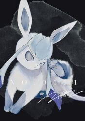 Rule 34 | absurdres, animal focus, artist name, black background, blue eyes, blue hair, blue sclera, colored sclera, constricted pupils, creatures (company), fluffy, full body, game freak, gen 4 pokemon, glaceon, highres, leg up, long hair, natsumekan, nintendo, no humans, open mouth, pawpads, pokedex number, pokemon, pokemon (creature), signature, sitting, solo