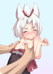 Rule 34 | 1boy, 1girl, animal ears, anohito (tokumei), azur lane, blush, bob cut, body blush, breasts, closed eyes, closed mouth, clothes down, collarbone, commentary request, eyelashes, facing viewer, fang, fang out, furrowed brow, hair ribbon, hands up, head out of frame, hetero, highres, japanese clothes, kimono, no bra, no detached sleeves, nose blush, parted bangs, petite, red kimono, red ribbon, ribbon, short hair, shouhou (azur lane), small breasts, solo focus, thick eyebrows, topknot, trembling, wavy mouth, white hair