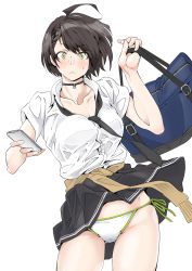 Rule 34 | 1girl, ahoge, azur lane, bag, baltimore (after-school ace) (azur lane), baltimore (azur lane), black hair, black neckwear, blush, breasts, choker, clothes around waist, clothes lift, collared shirt, cowboy shot, green eyes, highres, holding, holding bag, holding phone, kimuwaipu, large breasts, open clothes, open shirt, panties, phone, school uniform, shirt, short hair, side-tie panties, skirt, skirt lift, solo, sweater, sweater around waist, underwear, white background, white shirt