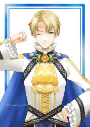 Rule 34 | 1boy, absurdres, alfred (fire emblem), ascot, asymmetrical bangs, blonde hair, blue border, border, commentary request, curtained hair, eyelashes, fire emblem, fire emblem engage, frilled sleeves, frills, green eyes, hand on own hip, high collar, highres, looking at viewer, male focus, midori no baku, nintendo, one eye closed, shirt, short hair, simple background, smile, solo, upper body, white background, white shirt, yellow ascot