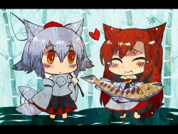 Rule 34 | 2girls, :&gt;, animal ears, bamboo, bamboo forest, bare shoulders, blush, brooch, brown hair, detached sleeves, dress, eating, closed eyes, fish, forest, hat, heart, heikouidou (seraeno), imaizumi kagerou, inubashiri momiji, jewelry, letterboxed, long hair, multiple girls, nature, orange eyes, short hair, skirt, tail, tail wagging, tears, tokin hat, touhou, wolf ears, wolf tail