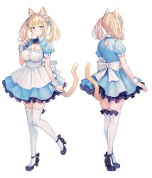 Rule 34 | 1girl, animal ears, back bow, blonde hair, blue dress, blush, bow, breasts, cat ears, cleavage, dress, e (eokiba), facing away, frilled dress, frills, from behind, full body, high heels, highres, large breasts, looking at viewer, maid, maid headdress, multiple views, original, puffy short sleeves, puffy sleeves, short dress, short sleeves, thigh bow, thighhighs, twintails, white bow, white thighhighs, zettai ryouiki
