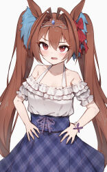 Rule 34 | 1girl, animal ears, antenna hair, bare shoulders, blue skirt, bracelet, brown eyes, collarbone, commentary, daiwa scarlet (umamusume), fang, frilled shirt, frills, hair between eyes, hands on own hips, highres, horse ears, horse girl, jewelry, light blush, long hair, looking at viewer, off-shoulder shirt, off shoulder, open mouth, pearl bracelet, plaid, plaid skirt, shirt, shone, simple background, skirt, solo, tiara, twintails, umamusume, very long hair, white background, white shirt