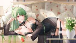 Rule 34 | absurdres, alcohol, azur lane, black dress, bottle, breasts, couch, cup, dress, drinking glass, evening gown, flower, flower pot, green hair, highres, large breasts, littorio (azur lane), littorio (calabria aurea) (azur lane), looking at viewer, lying, multicolored hair, official alternate costume, on side, pillow, qing wu, red wine, rose, smile, streaked hair, wine, wine bottle, wine glass