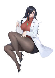 Rule 34 | 1girl, black footwear, black hair, black skirt, bobobong, breasts, clipboard, closed mouth, earrings, fingernails, full body, gem, glasses, green gemstone, hair between eyes, hand on own thigh, high heels, highres, holding, holding clipboard, jewelry, justice gakuen, knee up, lab coat, large breasts, legs, long hair, minazuki kyouko, necklace, pantyhose, patent heels, pencil skirt, pendant, pumps, red sweater, ribbed sweater, shoes, single earring, sitting, skirt, solo, stiletto heels, sweater, thick thighs, thighs, turtleneck, white background