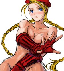 Rule 34 | 1girl, ahoge, beret, blush, braid, breasts, cammy white, cleavage, e.de.n, elbow gloves, fighting stance, fingerless gloves, gloves, hat, huge ahoge, long hair, looking at viewer, medium breasts, nude, red gloves, scar, solo, street fighter, twin braids, very long hair