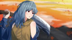 Rule 34 | 1girl, arm up, autumn leaves, bare shoulders, blue hair, blue jacket, blurry, blurry background, brown hoodie, commentary request, drawstring, evening, fingernails, gradient hair, grey hair, hashitsuki nata, highres, holding, holding weapon, hood, hood down, hoodie, jacket, leaf, light blush, long hair, long sleeves, looking afar, looking to the side, multicolored hair, nata (tool), off shoulder, open clothes, open jacket, orange sky, outdoors, parted lips, red eyes, refuson man, sakata nemuno, sky, sleeveless, sleeveless hoodie, solo, torn clothes, torn jacket, torn sleeves, touhou, upper body, video thumbnail, weapon