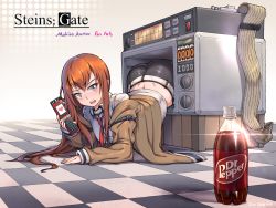 Rule 34 | 1girl, ass, belt, blouse, blue eyes, blush, brown hair, cellphone, checkered floor, commentary request, copyright name, dr pepper, hair between eyes, highres, holding, holding phone, jacket, long hair, looking at viewer, lying, makise kurisu, microwave, midriff peek, necktie, off-shoulder jacket, off shoulder, phone, red necktie, shirt, short shorts, shorts, sleeves past wrists, solo, steins;gate, totocos7, white shirt