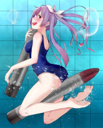 Rule 34 | 10s, 1girl, ass, bare legs, barefoot, blush, artistic error, feet, from side, holding, i-19 (kancolle), kantai collection, mikan (chipstar182), one-piece swimsuit, personification, purple hair, red eyes, school swimsuit, sideways mouth, solo, swimsuit, torpedo, twintails, wrong foot