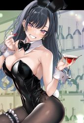 Rule 34 | 1girl, alcohol, animal ears, bare shoulders, black bow, black bowtie, black hair, black leotard, blush, bow, bowtie, breasts, brown pantyhose, butterfly earrings, cleavage, collarbone, cup, detached collar, drinking glass, earrings, fake animal ears, fake tail, grin, hair between eyes, hario 4, highleg, highleg leotard, highres, holding, jewelry, large breasts, leotard, long hair, looking at viewer, mole, mole under eye, nail polish, original, pantyhose, playboy bunny, purple eyes, rabbit ears, rabbit tail, red nails, side-tie leotard, smile, solo, strapless, strapless leotard, tail, thigh strap, wine, wrist cuffs