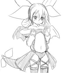 Rule 34 | 1girl, alternate breast size, bare shoulders, center opening, detached sleeves, dizzy (guilty gear), flat chest, greyscale, guilty gear, hair ribbon, hair rings, monochrome, petite, poncocchan, ribbon, sketch, solo, tail, tail ornament, tail ribbon, thighhighs, wings