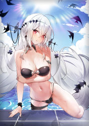 Rule 34 | 1girl, absurdres, ahoge, arknights, arm under breasts, bare shoulders, bikini, black bikini, breasts, chinese commentary, cleavage, commentary request, day, hair between eyes, hair ornament, head tilt, highres, large breasts, long hair, looking at viewer, multi-strapped bikini, mumu (user gsny3334), navel, official alternate costume, pool, red eyes, skadi (arknights), skadi the corrupting heart (arknights), sky, solo, stomach, swimsuit, twintails, very long hair, wet, white hair