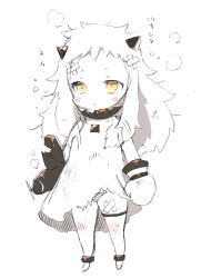 Rule 34 | 10s, 1girl, abyssal ship, aircraft, airplane, anklet, bandages, bare shoulders, black panties, blush stickers, broken, colored skin, dress, expressionless, forehead, full body, holding, horns, jewelry, kantai collection, legband, long hair, lots of jewelry, messy hair, mittens, mozuya murasaki, northern ocean princess, open mouth, panties, simple background, smoke, solo, text focus, torn clothes, torn dress, translation request, underwear, white background, white dress, white hair, white legwear, white mittens, white skin, yellow eyes