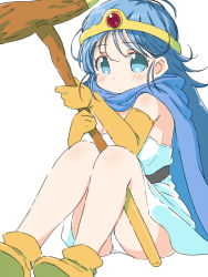 Rule 34 | 1girl, blue eyes, blue hair, cape, circlet, commentary, dragon quest, dragon quest iii, elbow gloves, gloves, holding, holding staff, looking at viewer, naitou kouse, panties, pantyshot, sage (dq3), sitting, solo, staff, underwear, white background, white panties, yellow gloves