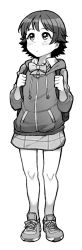 Rule 34 | 1girl, backpack, bag, blush, bow, bowtie, closed mouth, collared shirt, full body, greyscale, highres, honda mio, hood, hood down, hoodie, idolmaster, idolmaster cinderella girls, jp06, looking up, monochrome, shirt, shoes, short hair, simple background, solo, white background, wing collar