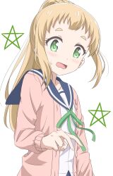 Rule 34 | 1girl, blonde hair, blue sailor collar, blush, collarbone, dot nose, female focus, green eyes, highres, inose mai, koisuru asteroid, long hair, long sleeves, open mouth, pink sweater, ponytail, qb (qb46311027), sailor collar, simple background, solo, standing, star (symbol), sweatdrop, sweater, white background