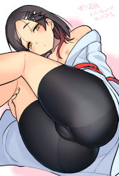 Rule 34 | 1girl, ass, bare shoulders, bike shorts, black hair, black shorts, blue robe, blush, breasts, cameltoe, collarbone, commentary request, feet out of frame, forehead, gradient hair, hair ornament, hairclip, highres, kantai collection, kuroshio (kancolle), kuroshio kai ni (kancolle), long sleeves, looking at viewer, multicolored hair, nipples, off shoulder, pink background, red hair, red sash, robe, sash, short hair, short shorts, shorts, small breasts, solo, taketora suzume, thighs, translation request, two-tone background, white background, yellow eyes