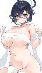 1girl blue_archive blue_eyes blue_hair blush breasts chest_sarashi chihiro_(blue_archive) cleavage dx_(xxer4838) glasses hair_ornament halo highres large_breasts rabbit_hair_ornament sarashi semi-rimless_eyewear sitting solo white_background